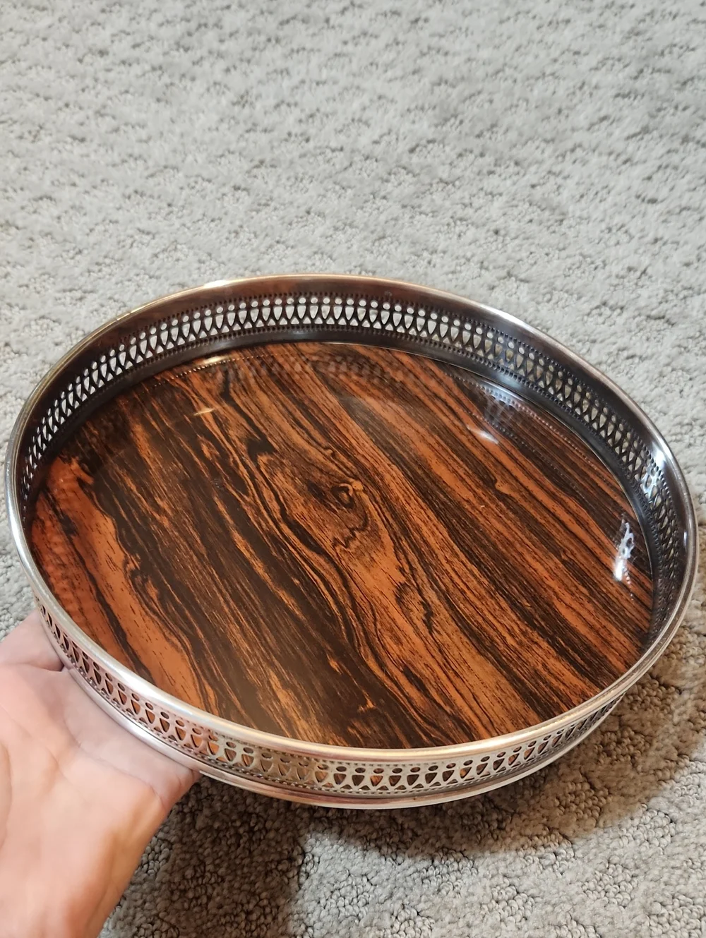 Vintage MCM Sheffield Round Silverplate Tray With Wood Look Formica Surface